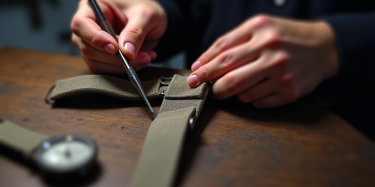 Artisan using precision watchmaking tools on a textile strap