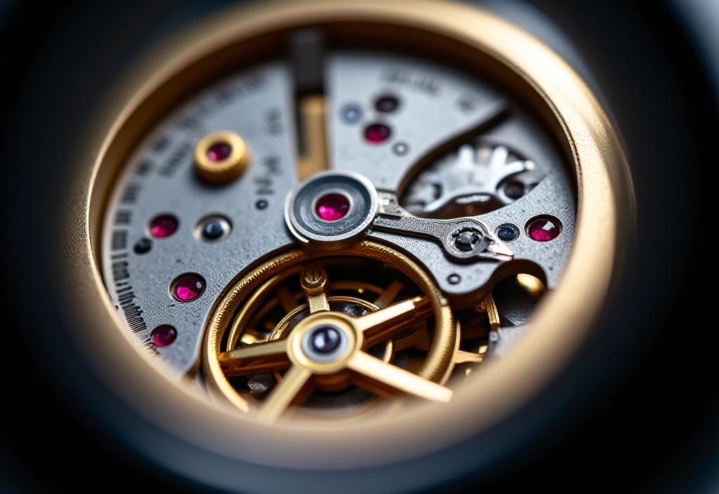 Macro shot of a watch movement being cleaned with precision tools
