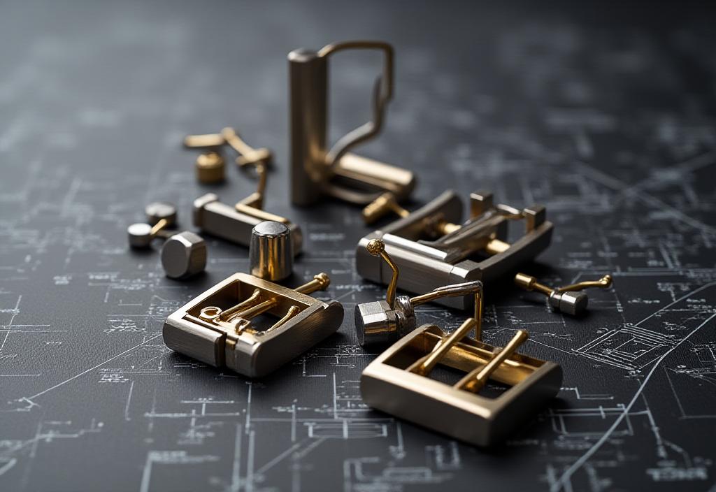 Precision watch hardware components laid out on a blueprint