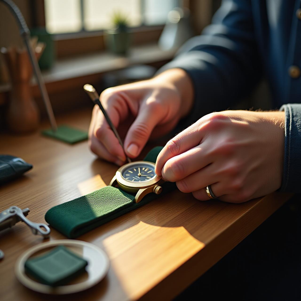 Artisan working on a custom textile watch strap in New York workshop