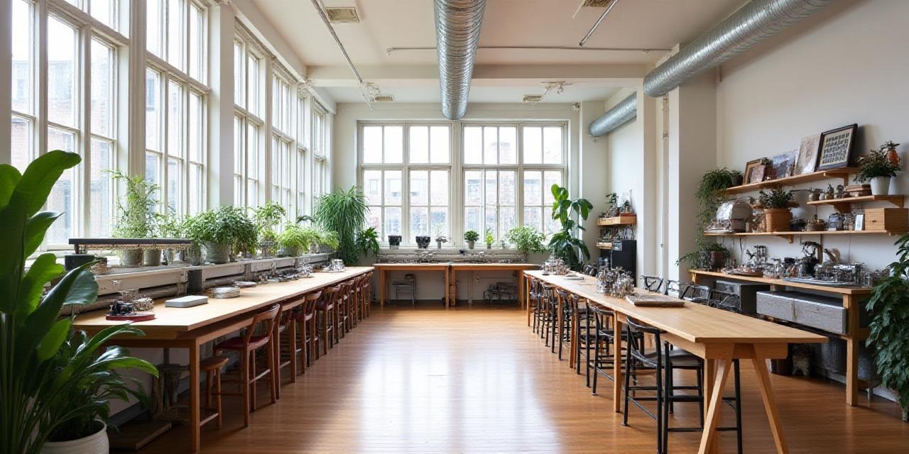 The main weaving floor at 151 Lenox Road with vintage looms